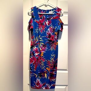 Calvin Klein blue midi dress with cold shoulder, size 6, colorful, fun print
